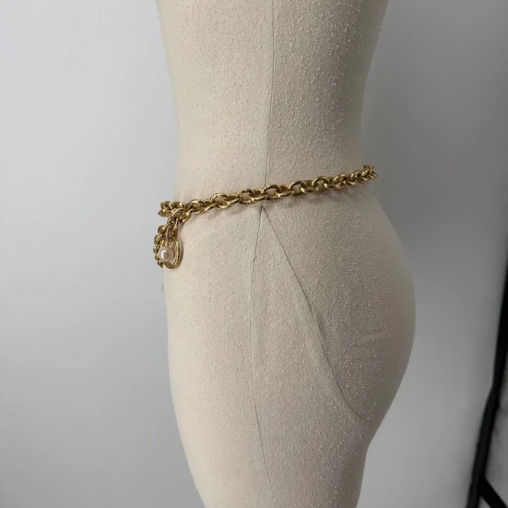 Vintage Style Draped Faux Pearl Gold Toned Chain Belt Chunky Statement
